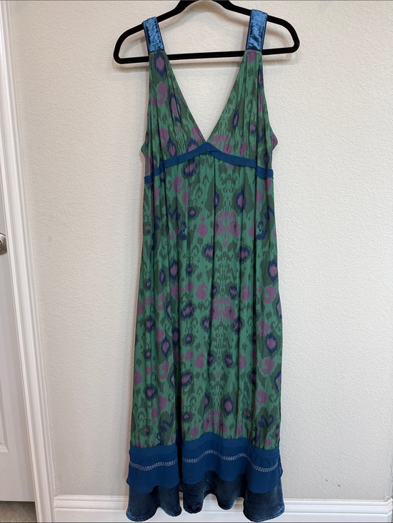 Anthropologie Dresses & Skirts - Anthropologie Green Patterned V-Neck Maxi Dress with Blue Trim